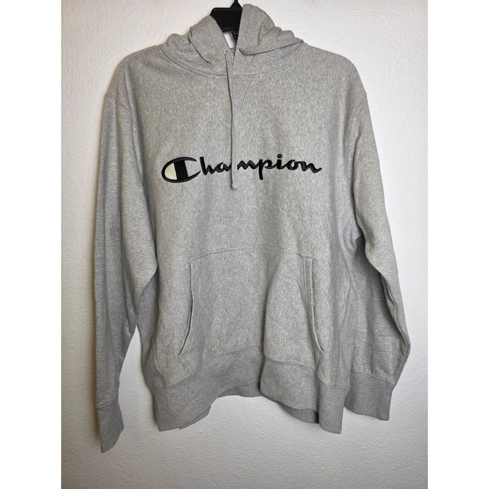 Champion Mens Reverse Weave Hoodie Heather Gray Script Logo Sweatshirt XL